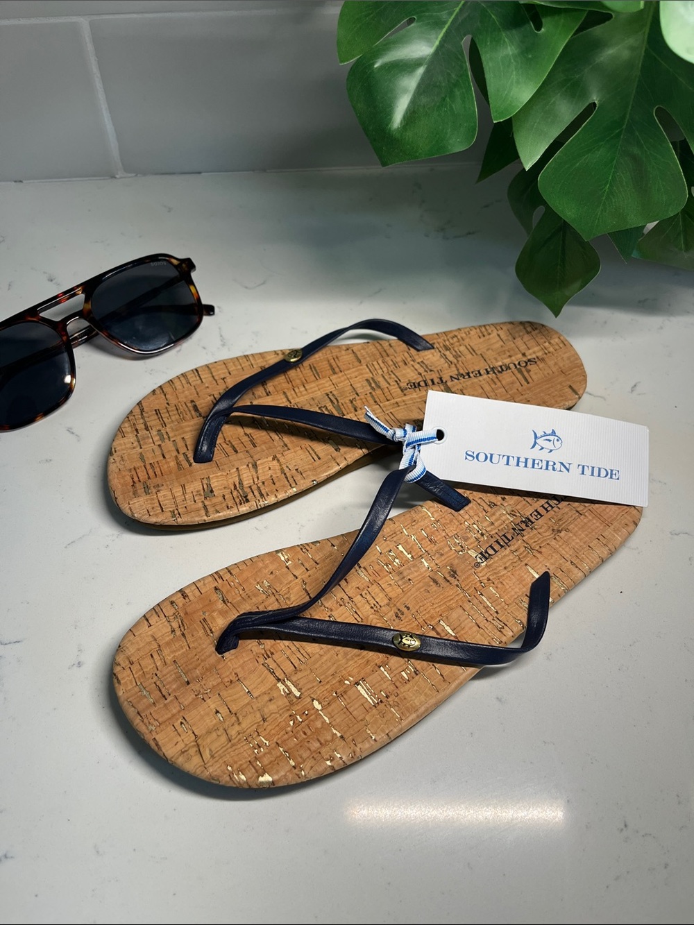 Southern Tide Navy Strap Cork-Textured Flip Flops with Gold Accents